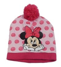Růžová sametová/pletená puntíkatá čepice s Minnie a bambulí 