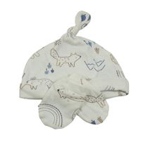 2 set - bílá čepice s obrázky + rukavice 