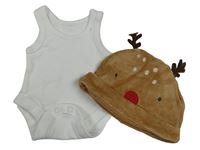 2 set - biele body + hnedá zamatová čepice - sob