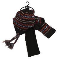 Nové - 3 set - hnědo-barevná vzorovaná pletená podšitá čepice + rukavice + šála Primark