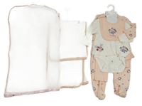 Nové - 6 set - bílá deka + růžový overal + lehké tepláky + body + triko + bryndák 