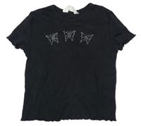 Čierne crop rebrované tričko s kamienkami H&M
