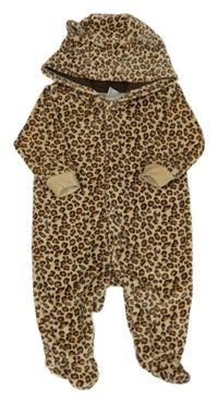 Hnedo-béžová leopardí zamatová kombinéza s kapucňou