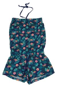 Zeleno-tmavomodrý kraťasový overal s listy a květy 