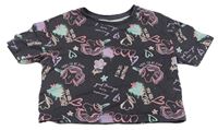 Šedé crop tričko s nápisy a jednorožci Primark