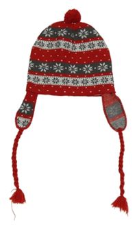 Červeno-sivo-biela čapica s norským vzorom a brmbolcom