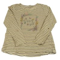 Béžovo-antracitové pruhované tričko s nápisom a kvetmi Yigga