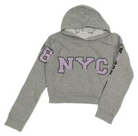 Světlešedá melírovaná crop mikina s nápisy a kapucí H&M