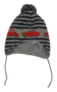 Šedo-tmavomodrá pruhovaná čepice s autem a bambulí C&A