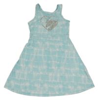 Světlemodro-biele batikované pruhované šaty s jednorožcom