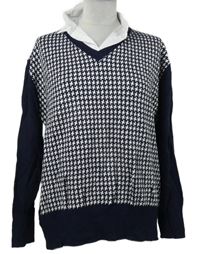 Dámsky tmavomodro-biely vzorovaný sveter s golierikom Gerard