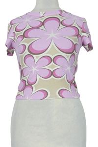 Dámske ružovo-béžové kvetované crop tričko Bershka
