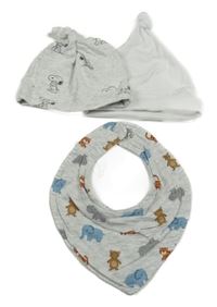 3set- bílá čepice+ světlešedá se Snoopym+ šedý slinták se zvířátky