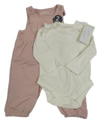 Nové - 2 Set - Růžové laclové vzorované laclové tepláky + smetanové body s volány Lullaby