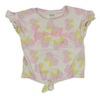 Biele tričko s růžovými motýly a nápisom C&A