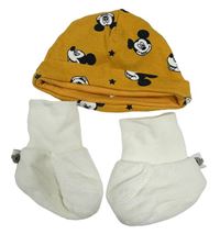 2set - horčicová bavlnená čapica s Mickeym + zamatové cápačky