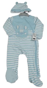 2set - Světlemodro-bílý pruhovaný overal s tygrem + čepice  Dunnes Stores