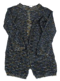 Tmavomodro-bielo-okrový pleteno/chlupatý cardigan Name it
