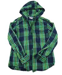 Tmavomodro-zelená kockovaná košeľa s nápisom a kapucňou Yigga