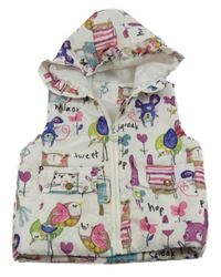 Bílá šusťáková prošívaná zateplená vesta se zvířátky a kapucí
