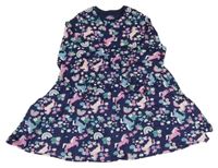 Tmavomodro-farebné kvetované bavlnené šaty s jednorožcami