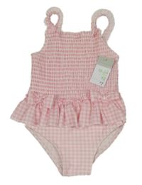 Nové - Světlerůžovo-bílé kostkované jednodílné plavky s mašlemi a volánkem PRIMARK