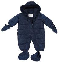 Tmavomodrá šušťáková zimná kombinéza s kapucí + rukavice + topánky M&S