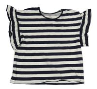 Tmavomodro-biele pruhované crop tričko s volánikmi zn. H&M