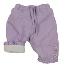 Lila šusťákové podšité kalhoty s kytičkami 
