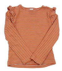 Oranžovo-světlerůžové pruhované žebrované triko s volánky 