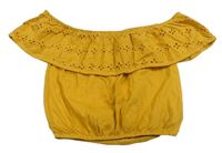 Horčicový crop top s volánikom s madeirou a výšivkou PRIMARK