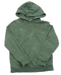 Khaki mikina s dinosaurami a vreckom a kapucňou H&M