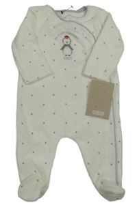 Nové - bielo-svetlosivý zamatový overal s tučňáčkem a hviezdičkami Mamas&Papas