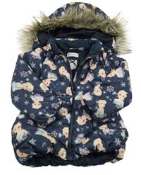 Tmavomodrá prošívaná šusťáková zimní parka s Elsou a odepínací kapucí s kožešinou H&M