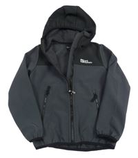 Tmavošedo-černá softshellová bunda s logem a kapucí Jack Wolfskin