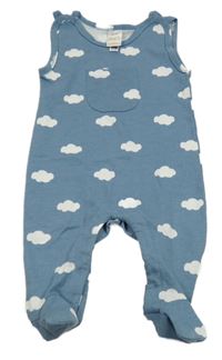 Modré teplákové dupačky s bílými obláčky a kapsou PUSBLU