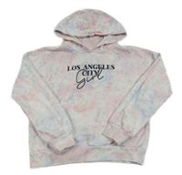 Růžovo-modro-bílá batikovaná mikina s nápisy a kapucí C&A