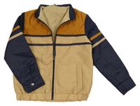 Béžovo-medovo-tmavomodrá šušťáková zateplená bunda s pruhmi a ukrývací kapucňou