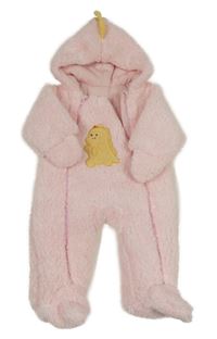 Svetloružová huňatá zateplená kombinéza s dinosaurom a kapucňou