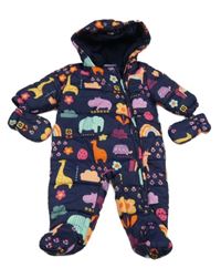Tmavomodrá prošívaná šusťáková zimní kombinéza se zvířátky a duhami a kapucí + rukavice Next