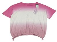 Nové - Tmavorůžovo-bílo-růžové ombré crop tričko s palmou z flitrů PRIMARK