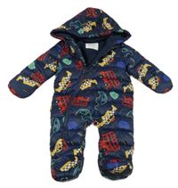 Tmavomodrá prošívaná šusťáková zimní kombinéza s auty a autobusy a kapucí F&F