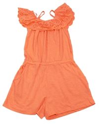 Neonově korálový melírovaný letní overal s volánkem s madeirou St. Bernard