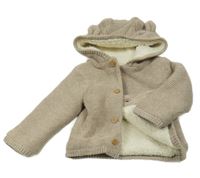 Kávový melírovaný propínací zateplený svetr s kapucí s oušky St. Bernard