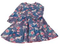 Tmavomodré puntíkaté šaty s jednorožci a kytičkami Monsoon