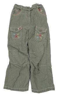 Khaki pruhované plátenné nohavice s kvetmi Cherokee