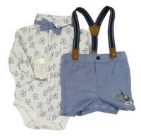 Nové - 3set - Modré melírované plátěné kraťasy s Púem a kšandami + bílé košilové body + motýlek Primark