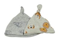 2x bavlněná čepice - šedá melírovaná žebrovaná s Dumbem + světlešedá melírovaná so zvířaty
