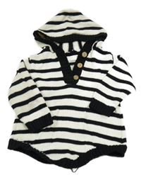 Světlebéžovo-čierny pruhovaný dlhý sveter s kapucňou