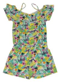 Bílo-barevný bavlněný kraťasový overal s listy a zebrami Kids